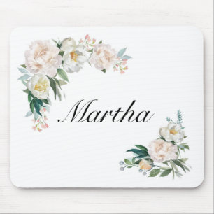 Mousepad with Name and White Peony Flowers