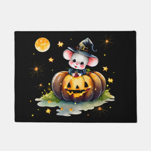 Mousey Witch Halloween Door Mat Black Background
