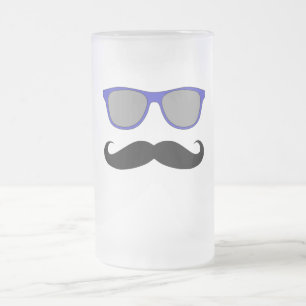 Moustache and Blue Sunglasses Humour Frosted Glass Beer Mug