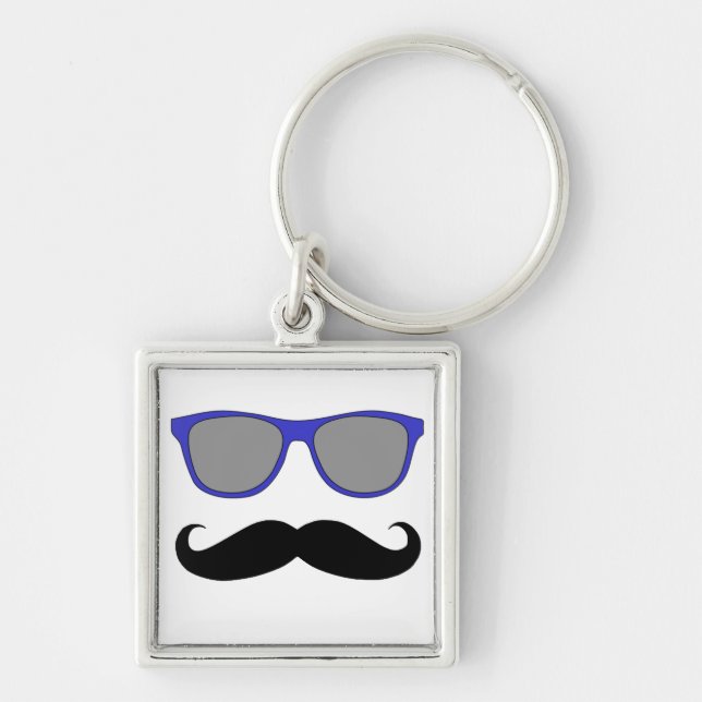 Moustache and Blue Sunglasses Humour Key Ring (Front)