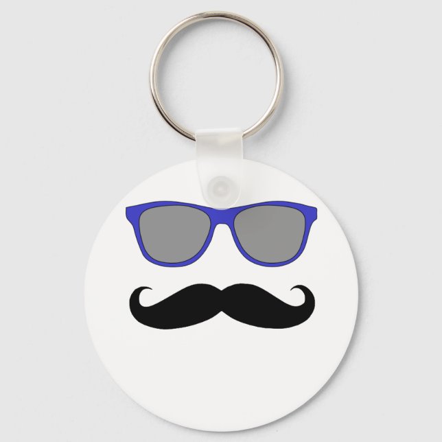 Moustache and Blue Sunglasses Humour Key Ring (Front)