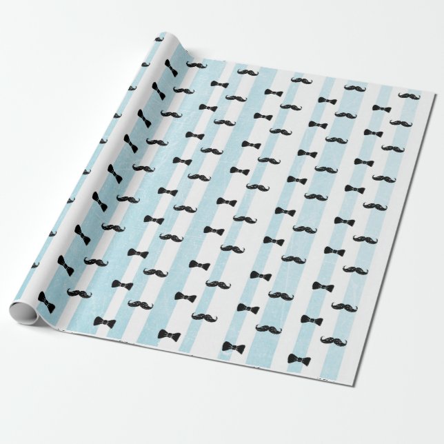 Moustache and Bow Tie Blue and White Striped Gift Wrapping Paper (Unrolled)