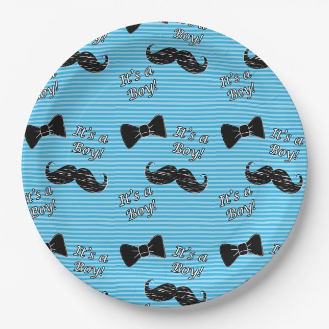 Moustache and Bowtie Blue Baby Shower Paper Plates (Front)