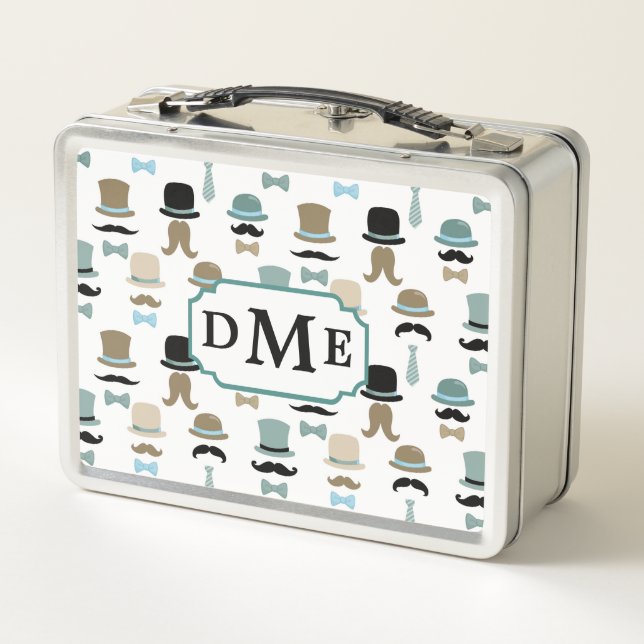 Moustache and Hat Pattern Monogram Metal Lunch Box (Back)