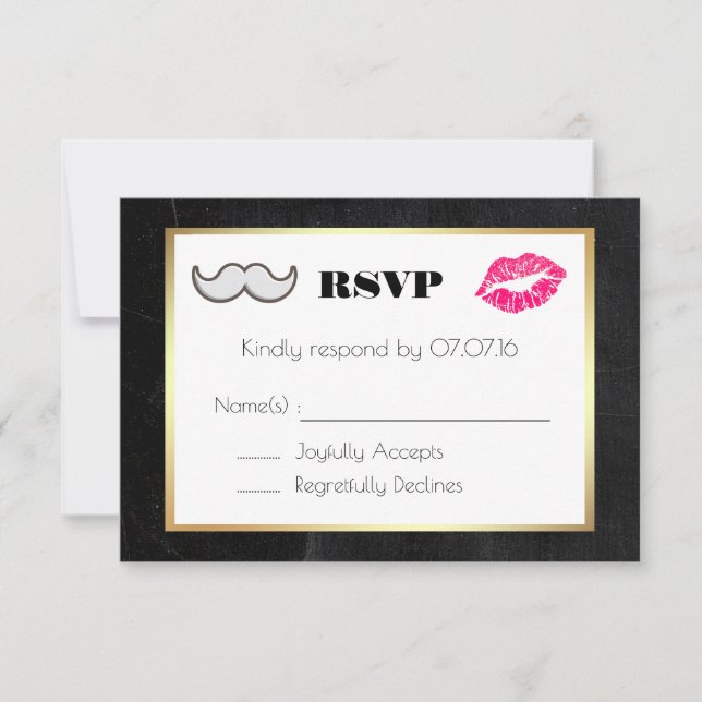 Moustache and Lips Black and Gold Wedding RSVP Card (Front)