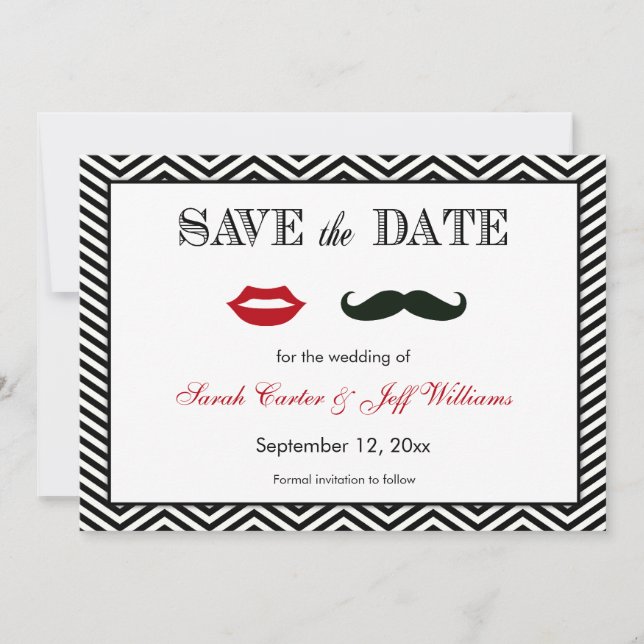 Moustache and Lips Chevron Save the Date Cards (Front)