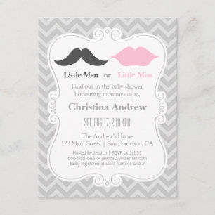 Moustache and Lips Grey Gender Reveal Baby Shower Invitation