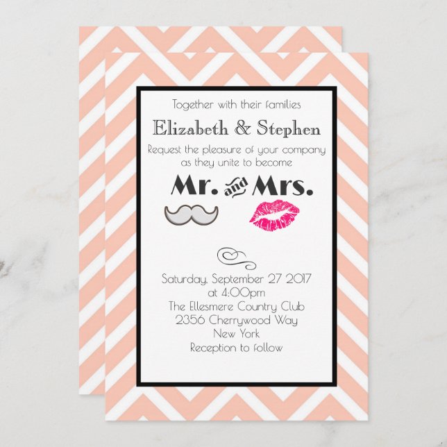 Moustache and Lips Mr. and Mrs. Peach Wedding Invitation (Front/Back)