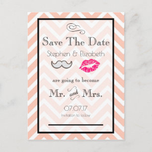 Moustache and Lips Peach Chevron Save the Date Announcement Postcard