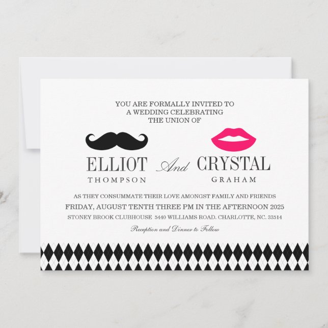 Moustache and Lips Wedding Invitation Blk Text (Front)