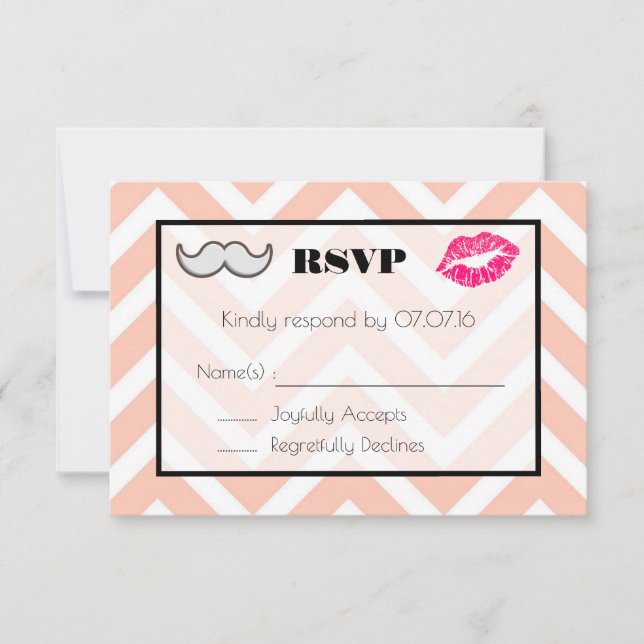 Moustache and Lips Wedding RSVP on Peach Chevron (Front)