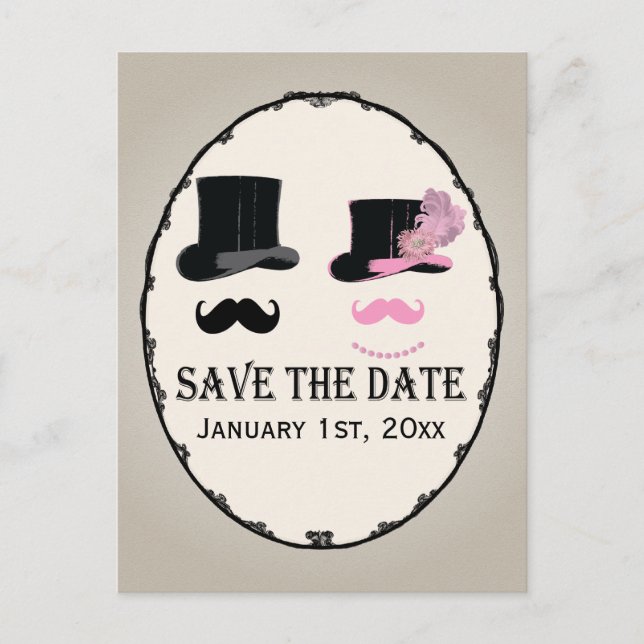 Moustache and Top Hat Save The Date Card (Front)