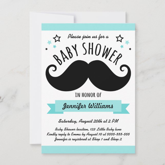 Moustache baby shower aqua blue invitation (Front)