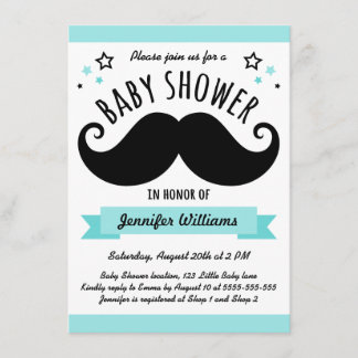Moustache baby shower aqua blue invitation