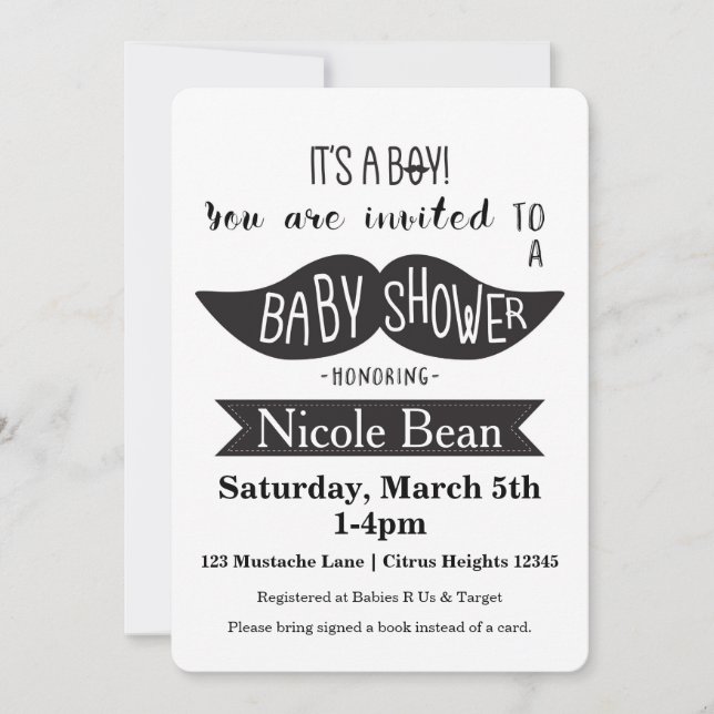 Moustache Baby Shower Black & White Invitations (Front)