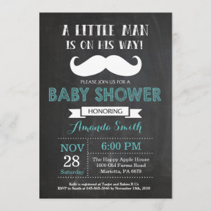 Moustache Baby Shower Invitation Aqua and Grey