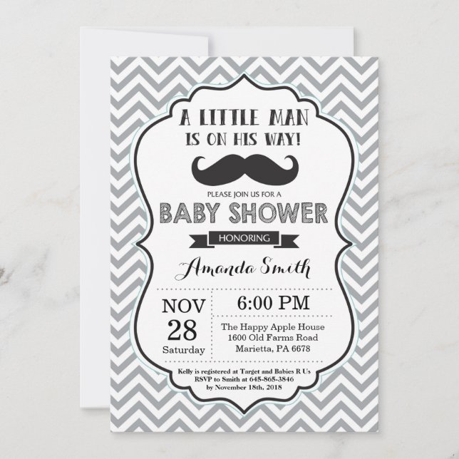 Moustache Baby Shower Invitation Black and Grey (Front)