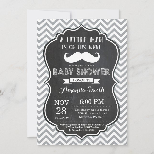 Moustache Baby Shower Invitation Black and Grey (Front)