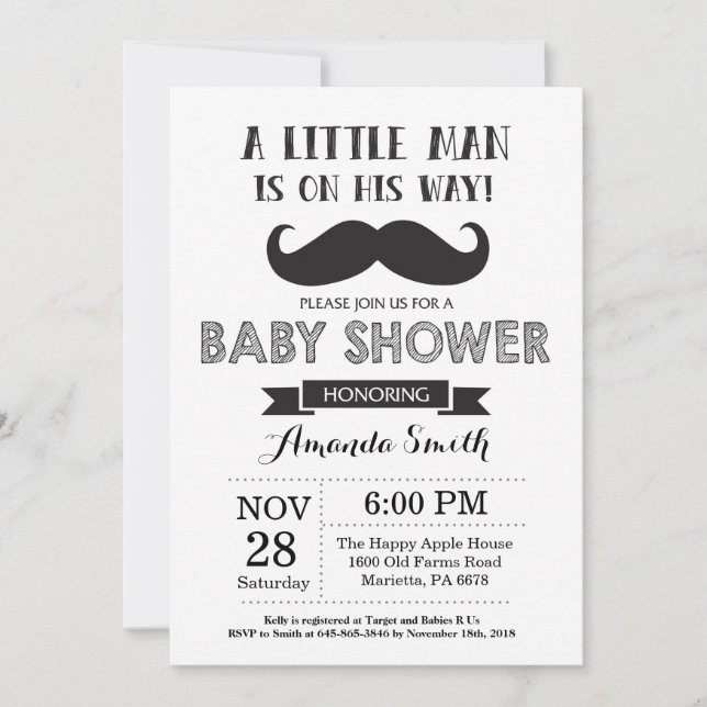 Moustache Baby Shower Invitation Black and Grey (Front)
