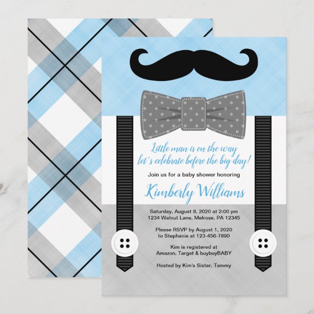 Moustache baby shower invitation blue little man (Front/Back)