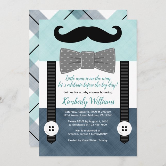 moustache baby shower invitation boy mint navy gre (Front/Back)