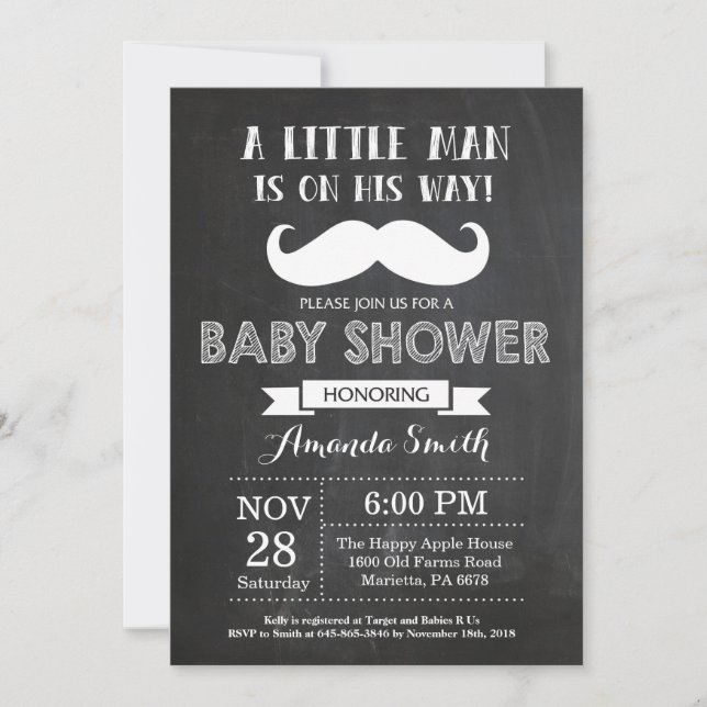Moustache Baby Shower Invitation Chalkboard (Front)