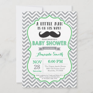 Moustache Baby Shower Invitation Green and Grey
