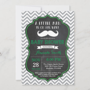 Moustache Baby Shower Invitation Green and Grey