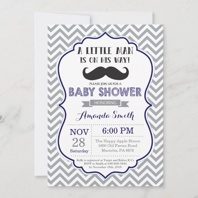 Moustache Baby Shower Invitation Navy Blue and Gre (Front)