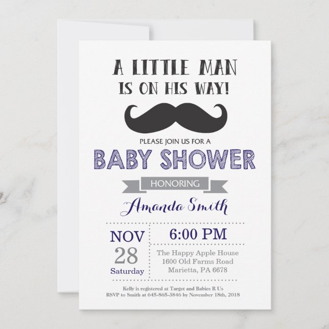 Moustache Baby Shower Invitation Navy Blue and Gre (Front)