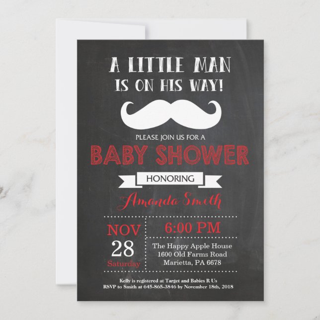 Moustache Baby Shower Invitation Red and Grey (Front)