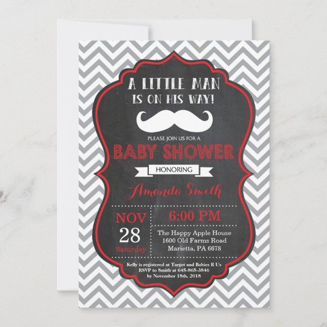 Moustache Baby Shower Invitation Red and Grey (Front)