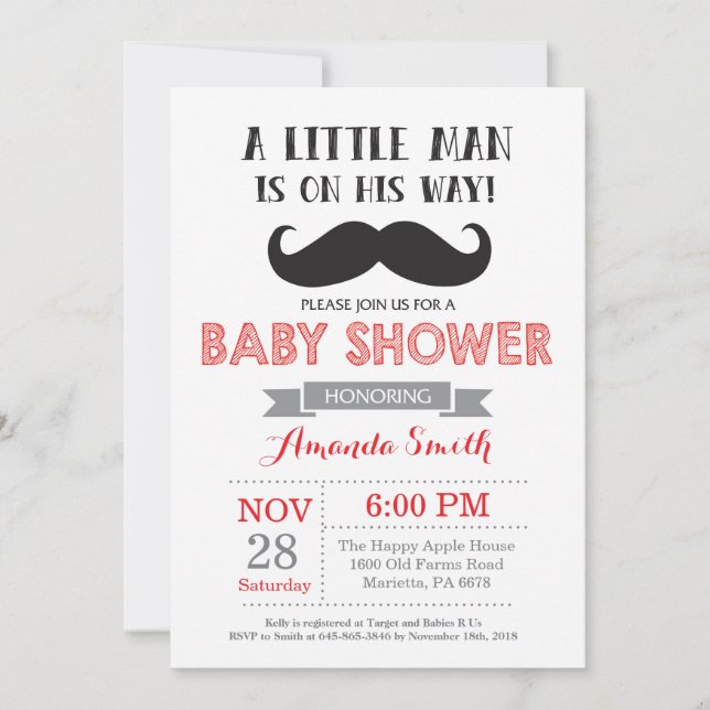 Moustache Baby Shower Invitation Red and Grey (Front)