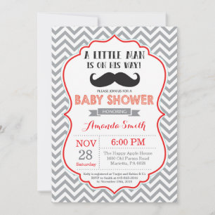 Moustache Baby Shower Invitation Red and Grey