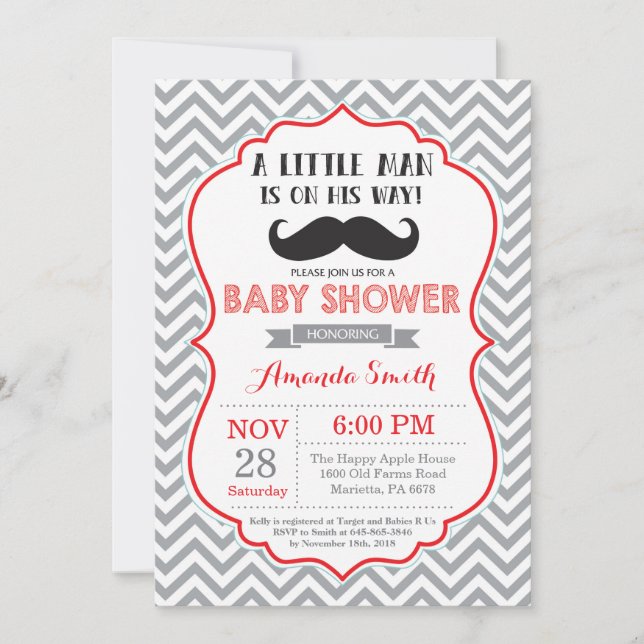 Moustache Baby Shower Invitation Red and Grey (Front)