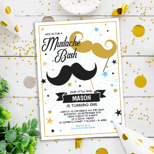 Moustache Bash Boy Birthday Party Faux Glitter Invitation