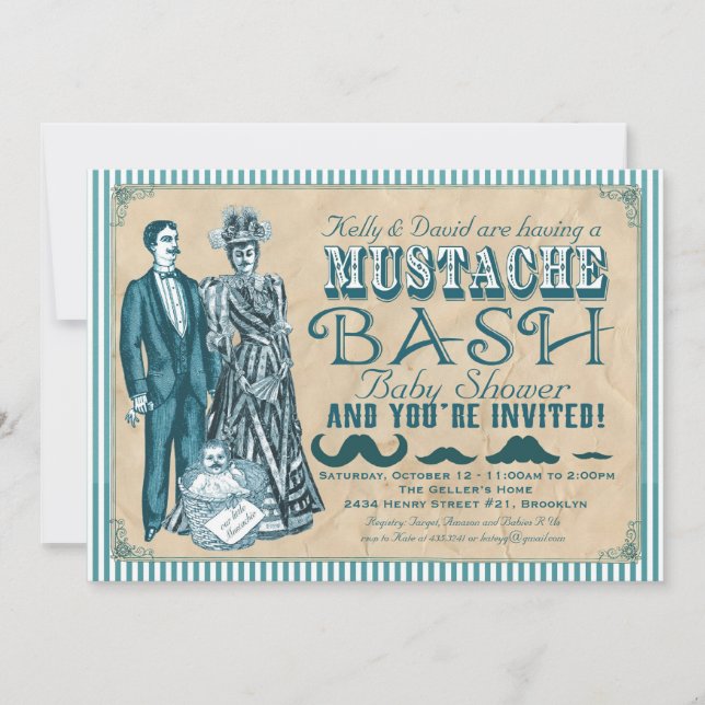 Moustache Bash Couples Baby Shower - Blue and Whit Invitation (Front)