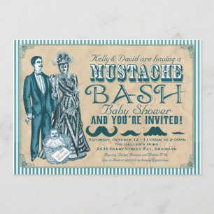Moustache Bash Couples Baby Shower - Blue and Whit Invitation