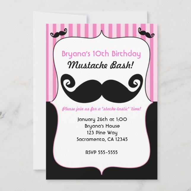 Moustache Bash Girls Pink White Black Invitations (Front)