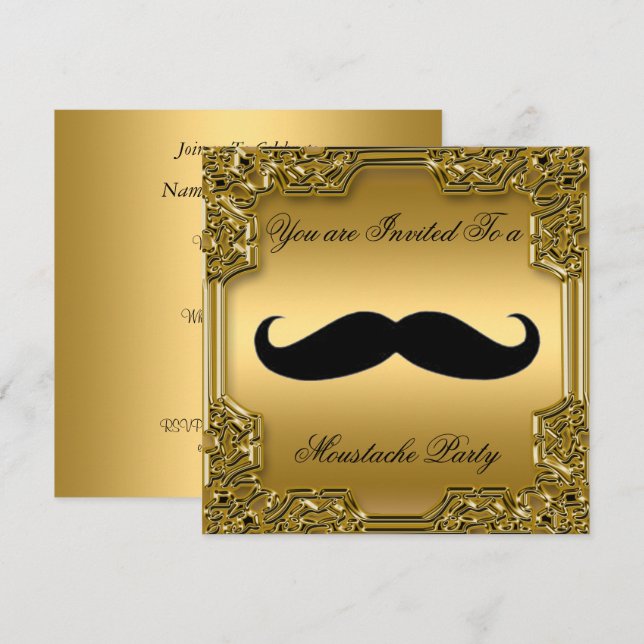 Moustache  Birthday Party Invitation Gold (Front/Back)