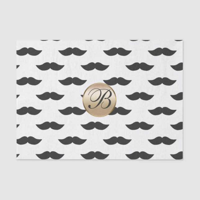 Moustache Black White Gold Monogram Party Tissue Paper (Front)