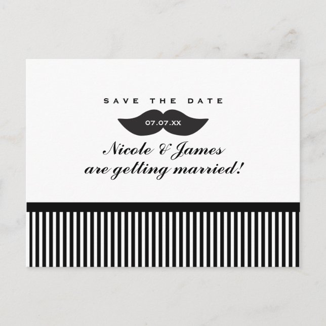 Moustache Black & White Save The Date Postcard (Front)