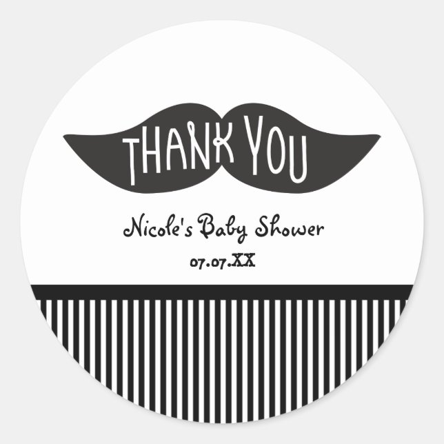 Moustache Black & White Thank You Party Stickers (Front)