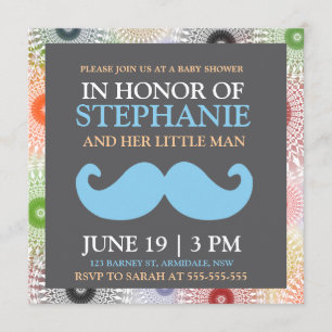 Moustache blue baby boy shower invites