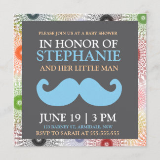Moustache blue baby boy shower invites