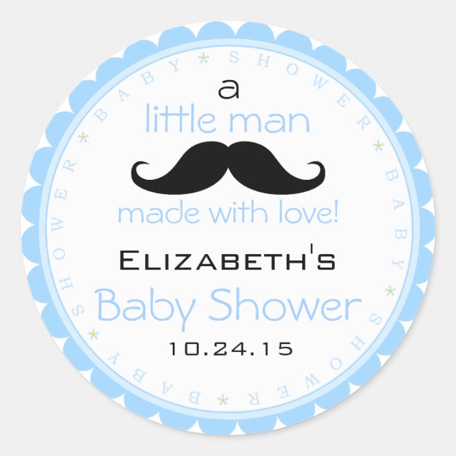 Moustache Blue Baby Shower Classic Round Sticker (Front)