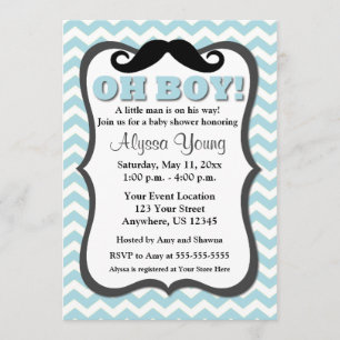 Moustache Blue Chevron Baby Shower Invite