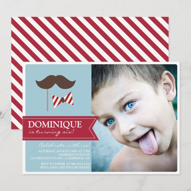 Moustache & Bow Tie Photo Birthday Party Invitatio Invitation (Front/Back)