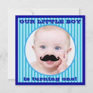 Moustache Boy Blue Stripe Birthday Invitation