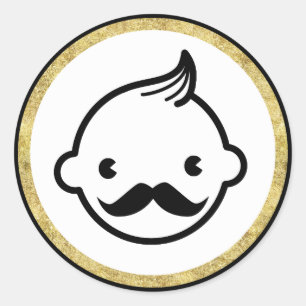 Moustache Boy Modern Gold Border Baby Shower Classic Round Sticker